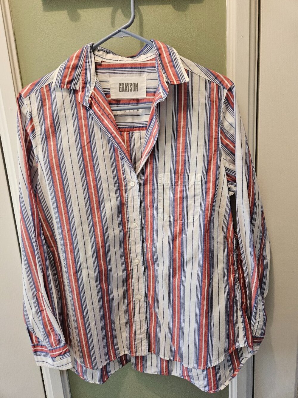 Grayson The Hero Striped Button Front Cotton Shirt 4 / 6 Small S Red White Blue